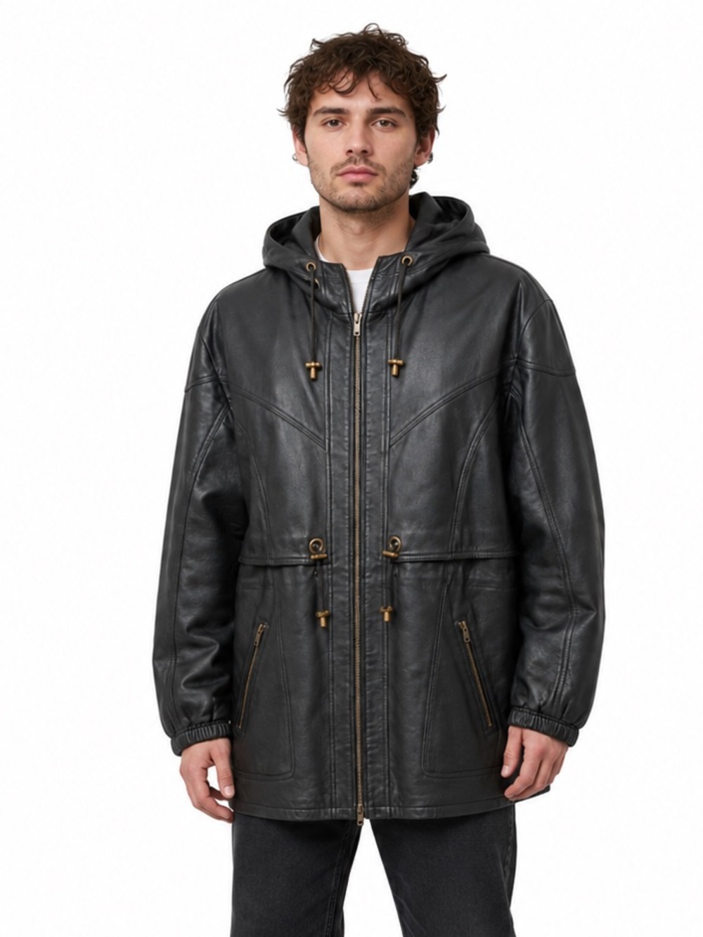 Vintage G-III Genuine Leather Hooded Parka Coat Black Men’s Small 90s